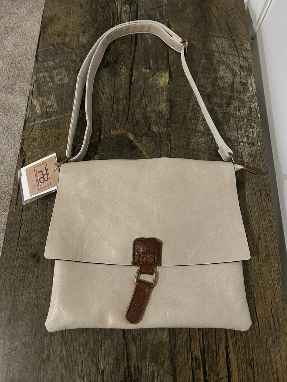 Cream Crossbody Shoulder Bag with Brown Accent